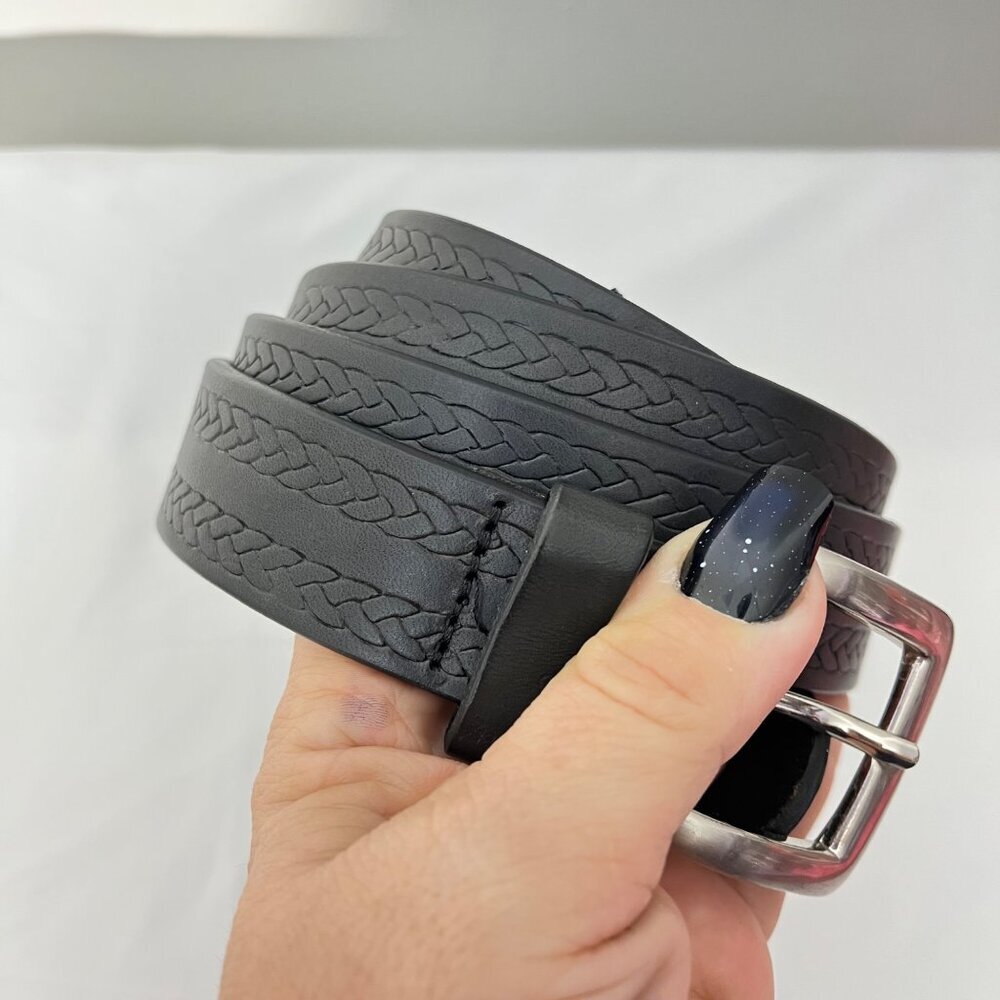 Genuine Leather Braided Black‎ Belt With Silver Buckle For Men 48"